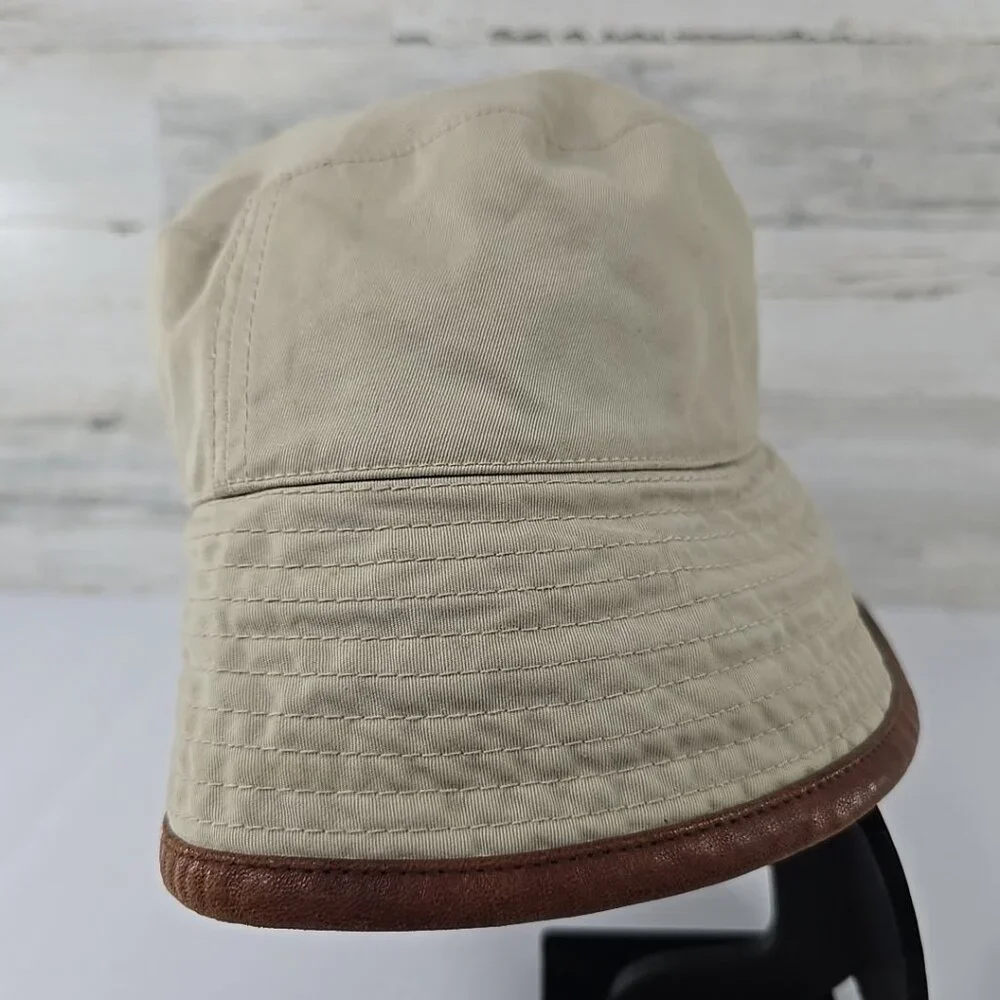 VTG Y2K BANANA REPUBLIC Cotton Bucket Hat M/L Beige Canvas Brown Leather Trim...